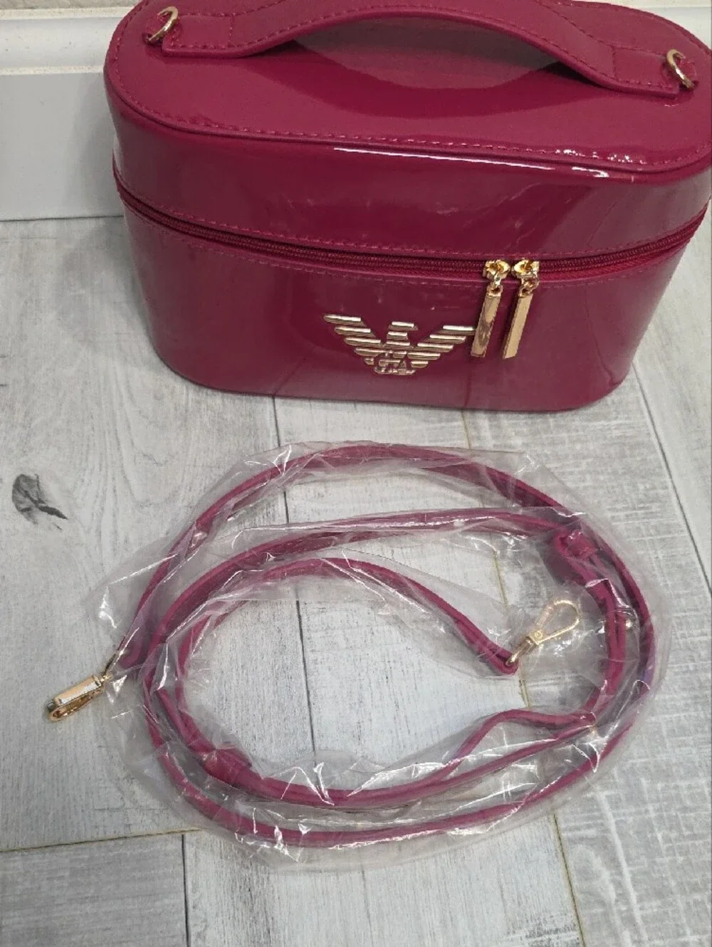 Emporio Armani Fuchsia Patent Cosmetic Case with Gold Hardware